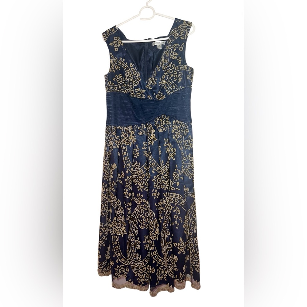Coldwater Creek Navy and Gold Midi Dress size 6